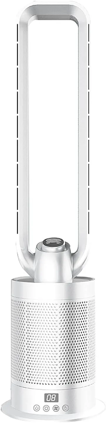 Bladeless oscillating tower AC fan with 9 speeds, 9-hour timer, and remote control.