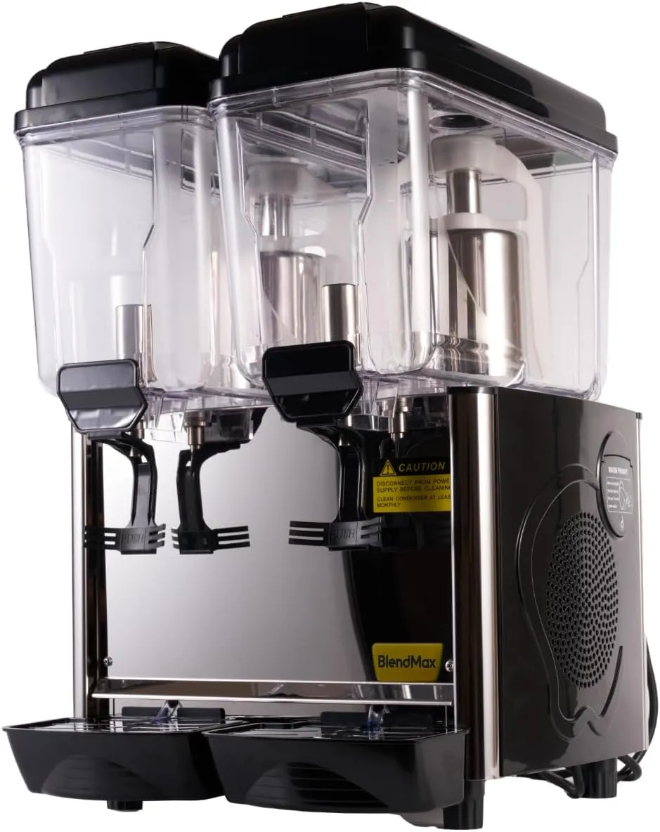 BlendMax dual-tank commercial cold beverage dispenser with transparent 2×12L capacity.