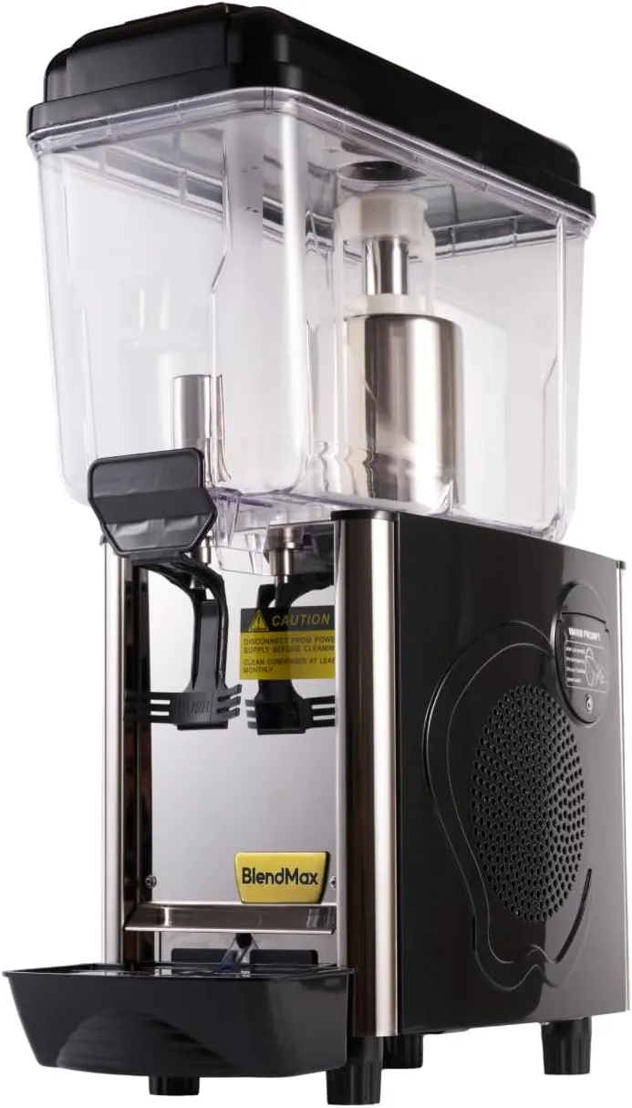 BlendMax dual-tank commercial transparent cold beverage dispenser for restaurants and cafés.