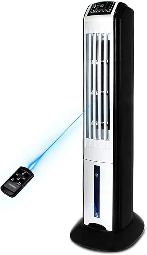 BreezeMate portable evaporative air conditioner with silent bladeless fan, remote control, and humidifier.