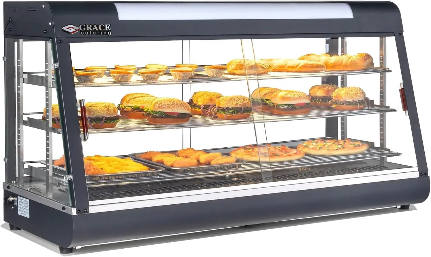 Commercial 4-tray heated sliding glass food display showcase model NP-603.