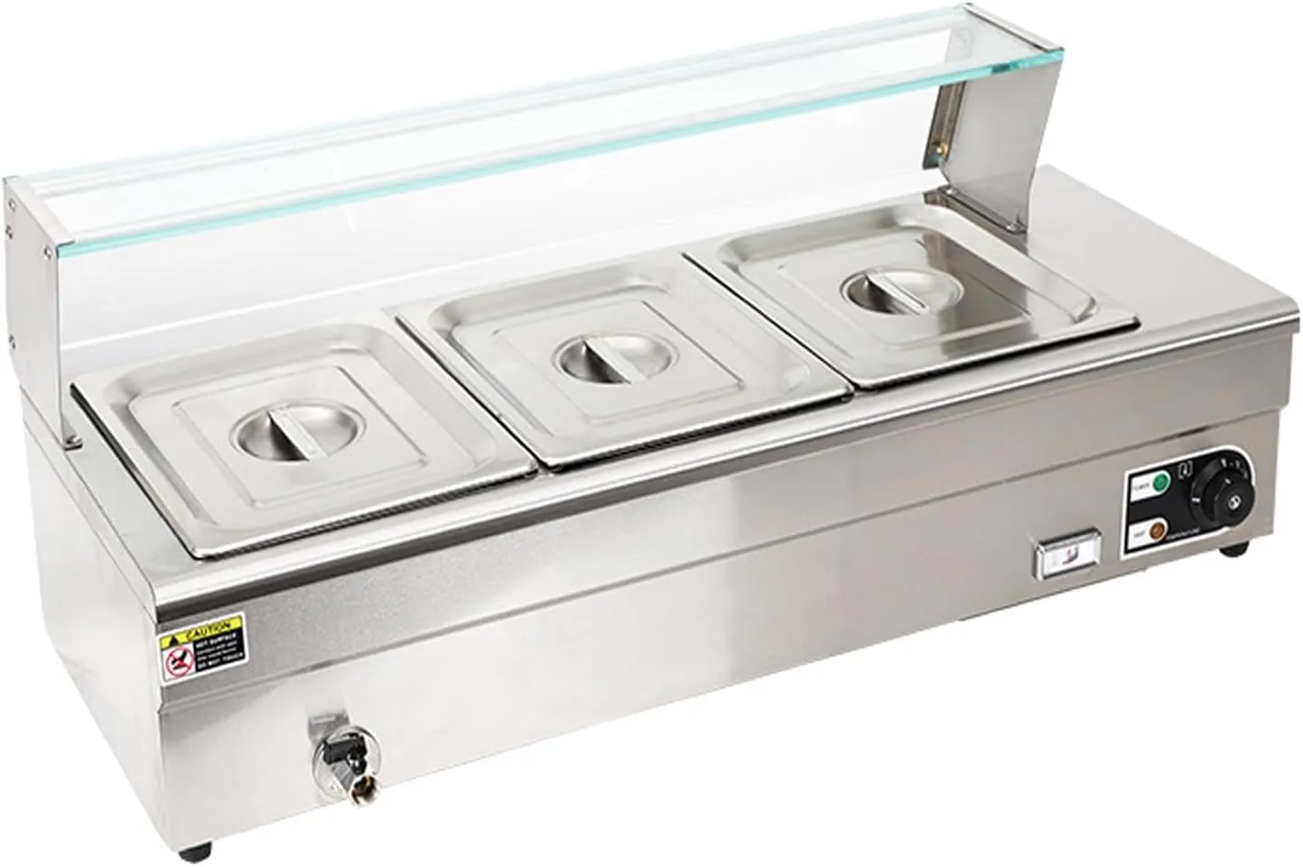 Commercial electric bain marie food warmer buffet counter with stainless steel body and 6 pans.