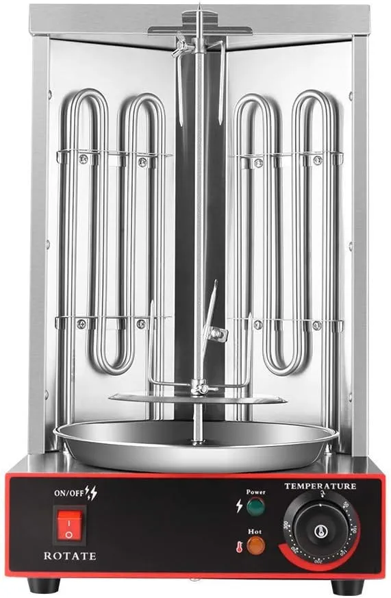 Commercial electric rotisserie grill with adjustable temperature and stainless steel construction.