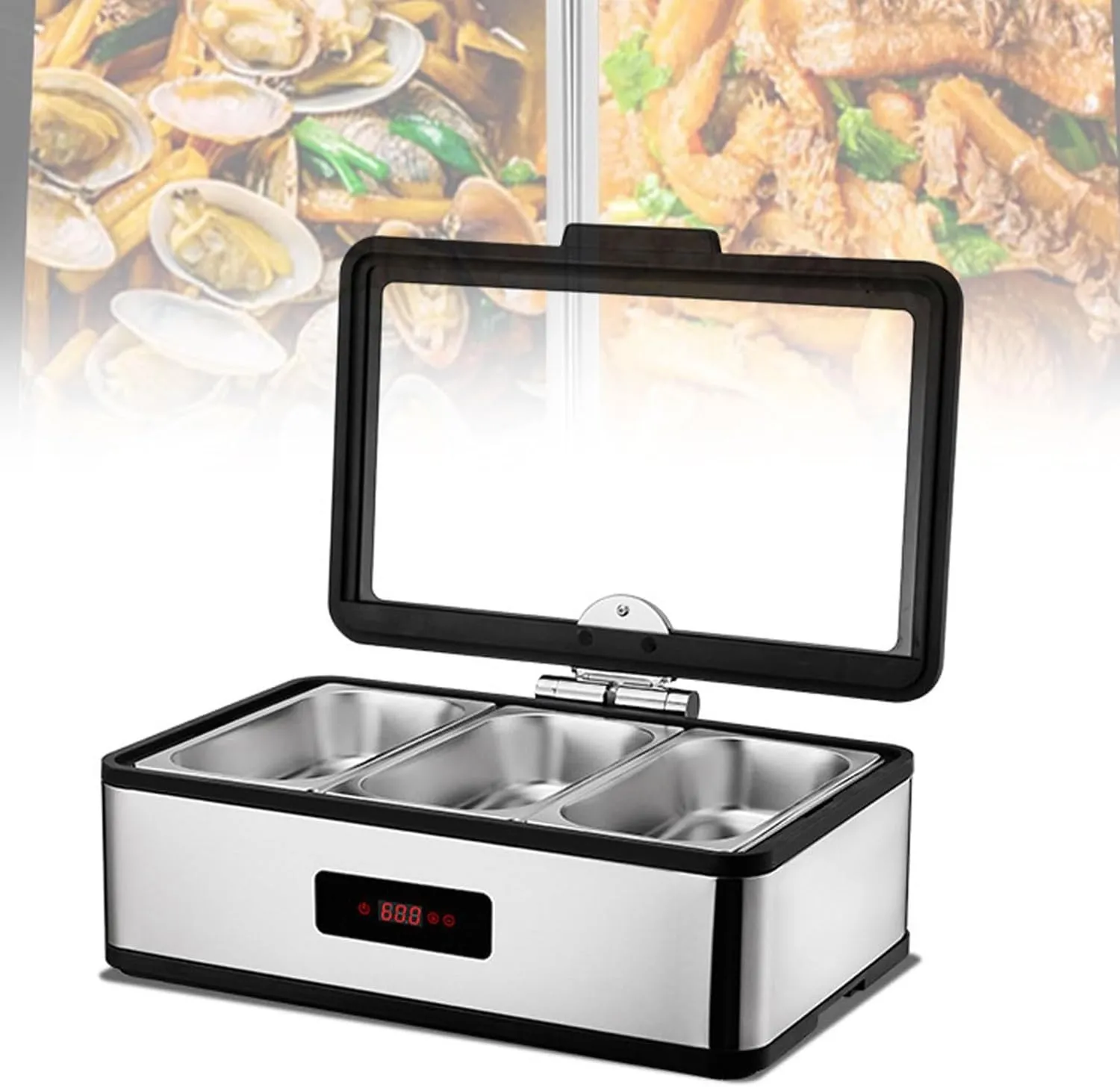 Commercial electric stainless steel bain marie buffet warmer hot food display counter for restaurants.