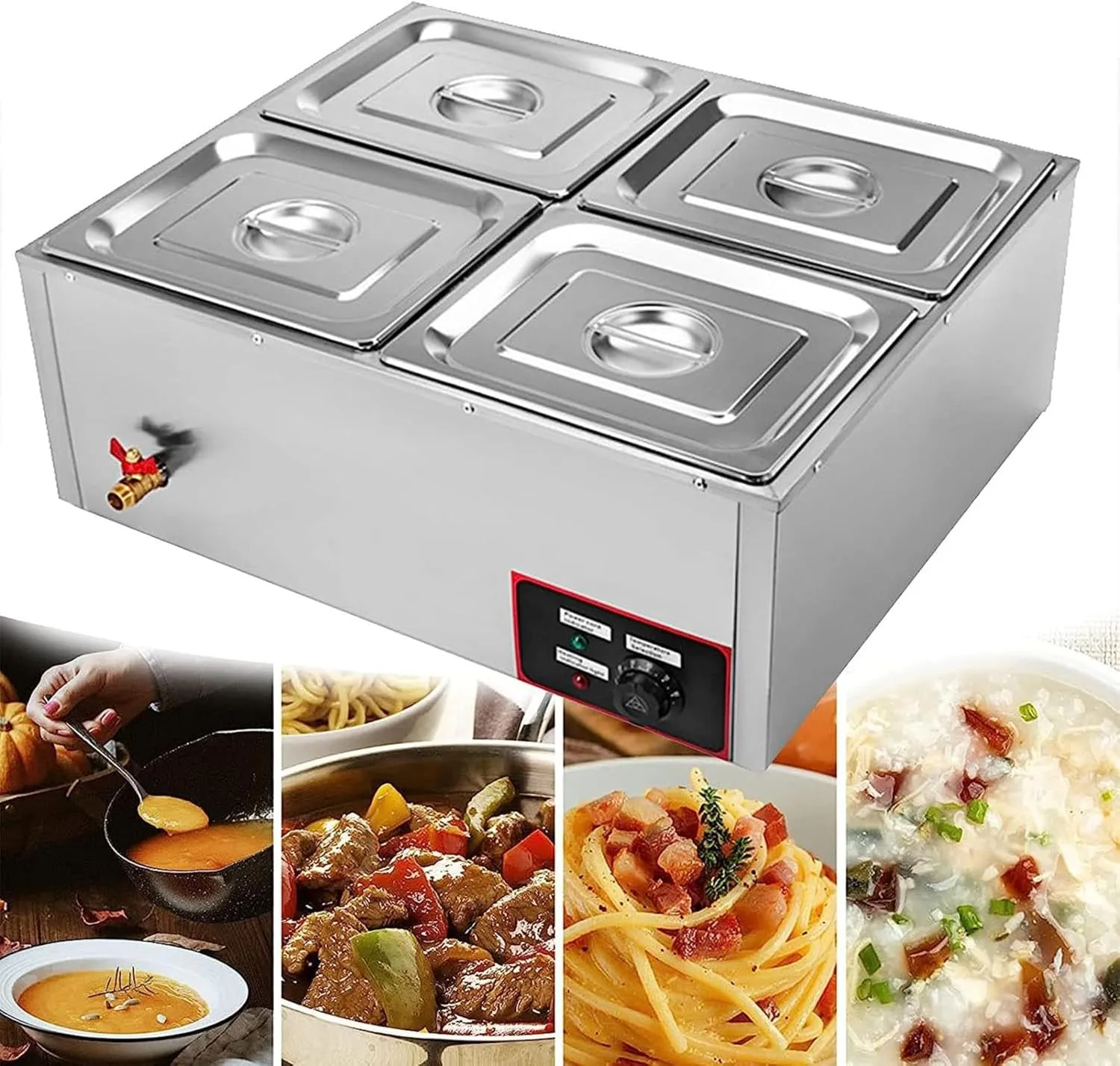 Commercial electric stainless steel bain marie buffet warmer for catering and hot food display.