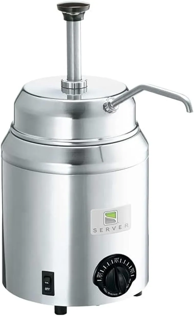 Commercial stainless steel hot-fudge and sauce warmer with portion-control pump for countertop use.
