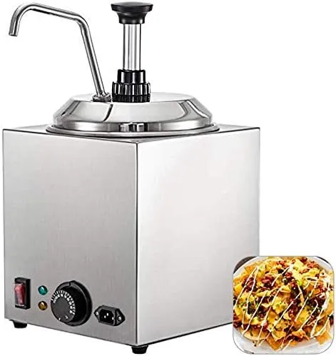 Commercial stainless steel beverage warmer dispenser for serving hot drinks.