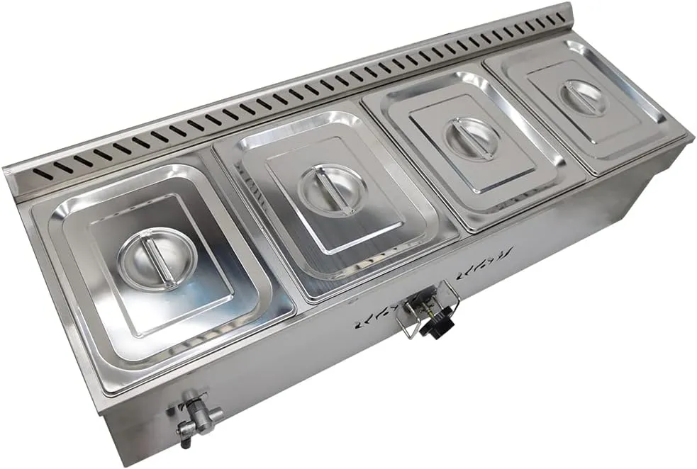 Commercial stainless steel electric bain marie food warmer with 12 hot pans for buffet use.