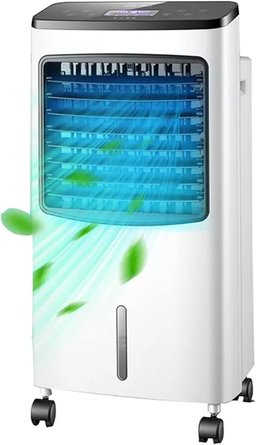 CoolBreeze 8L tower air conditioner with warm and cool modes, oscillating fan, remote, touch control, and 12-hour timer.