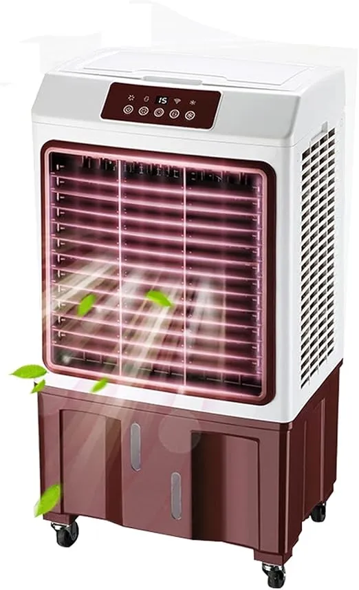 CoolMist 35L tower fan air conditioner with remote control, 3-speed settings, and 10-hour timer.