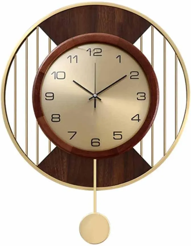 Copper pendulum wall clock with silent quartz movement and wooden electronic design for home decor.