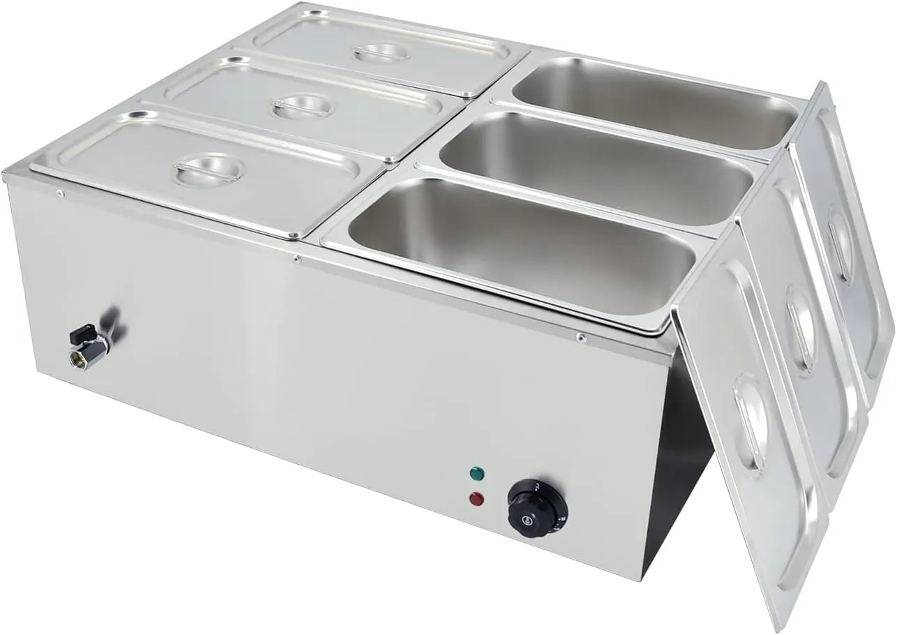 Countertop stainless steel electric bain marie food warmer with digital temperature control display.