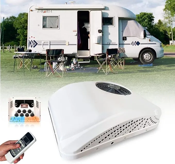 DC 2-in-1 RV rooftop air conditioner providing cooling and heating for campers, trucks, and excavators.