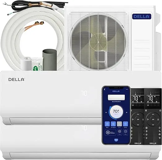 DELLA 18K BTU dual-zone mini split AC with WiFi and Alexa control, 19 SEER2 efficiency.