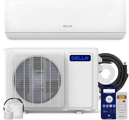 DELLA Motto Series 12,000 BTU mini split AC and heat pump with Wi-Fi and Alexa control.DELLA Motto Series 12,000 BTU mini split AC and heat pump with Wi-Fi and Alexa control.