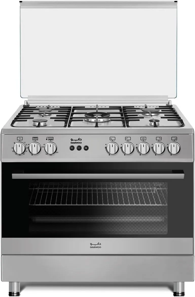 Daewoo 90 cm freestanding convection gas cooker with 5-burner hob and dual-fan oven.