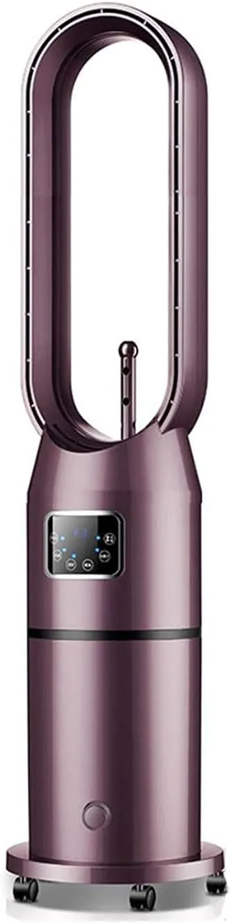 EcoBreeze bladeless tower air conditioner with quiet operation, remote control, and timer function.