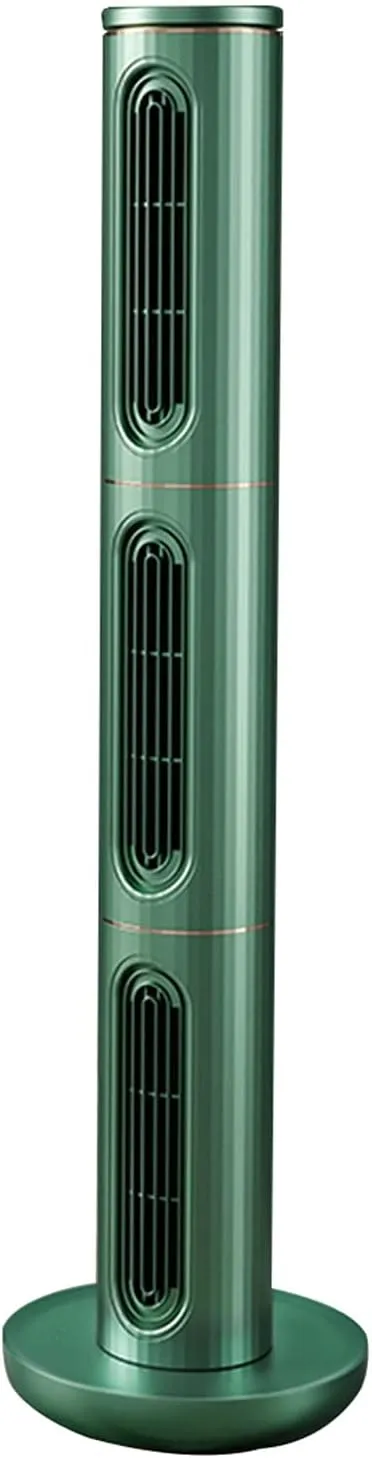 EcoBreeze bladeless tower fan air conditioner with portable design, oscillating airflow, remote control, and 3-speed settings.