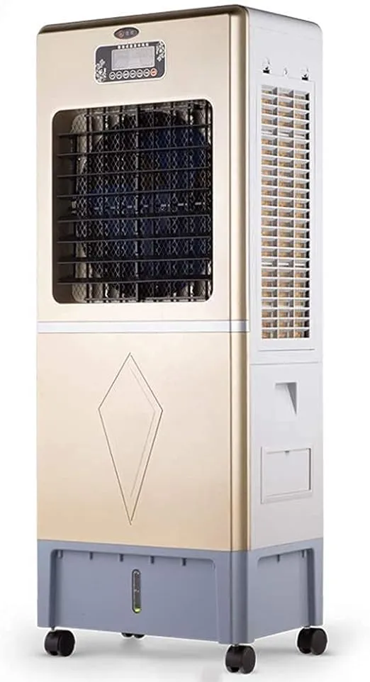 ZJCQA portable evaporative air cooler in a modern home setting, showing its compact design and water cooling feature