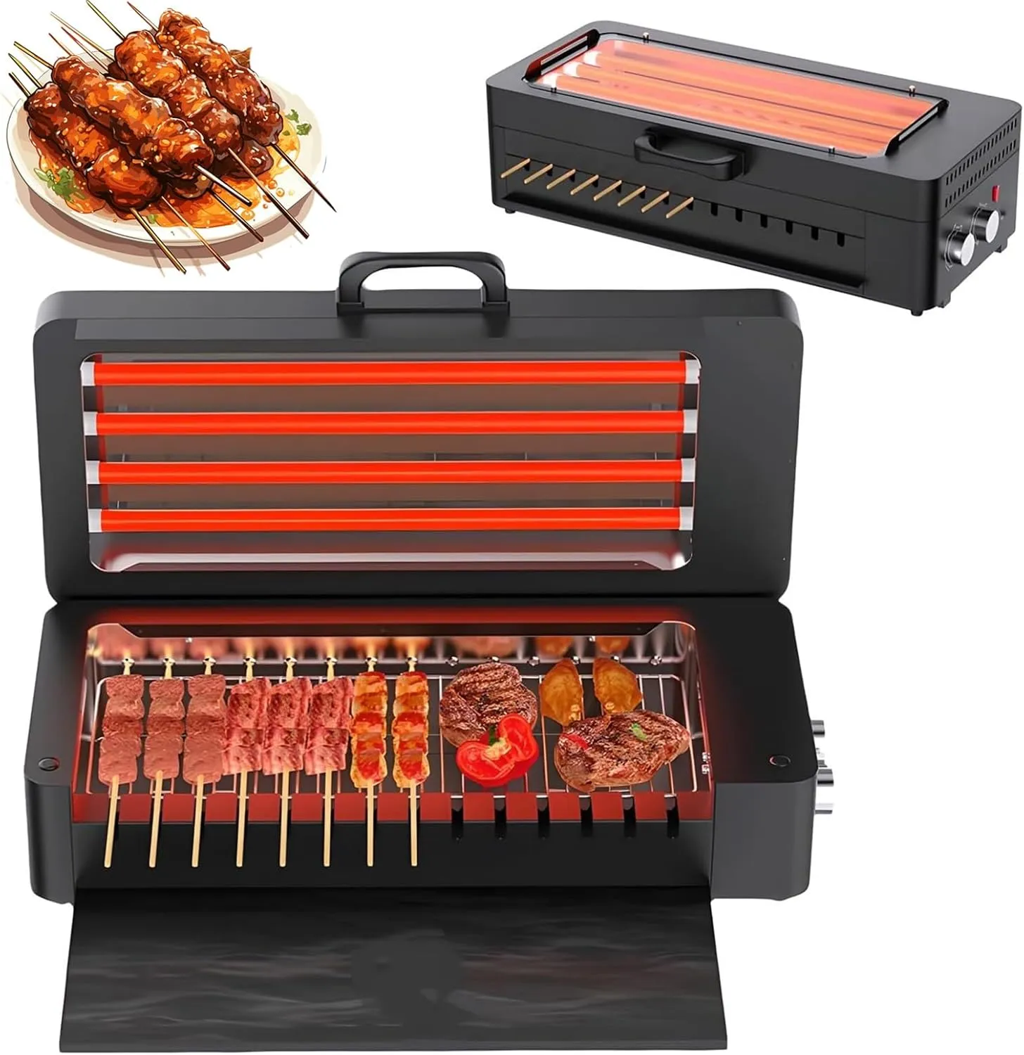 Electric smokeless automatic stainless steel rotisserie machine for commercial and home cooking.