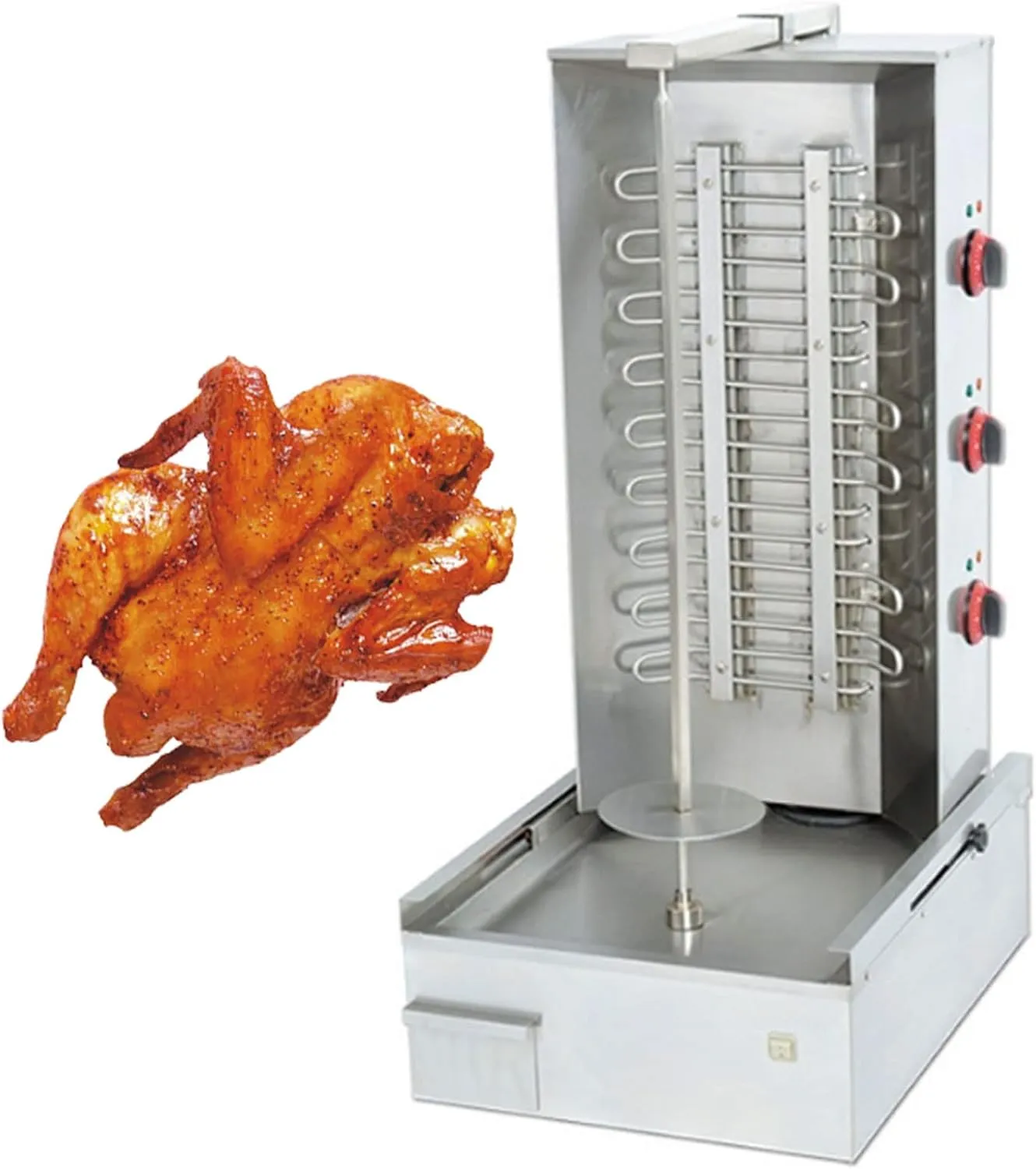 Electric smokeless stainless steel rotisserie equipment for professional restaurant use.