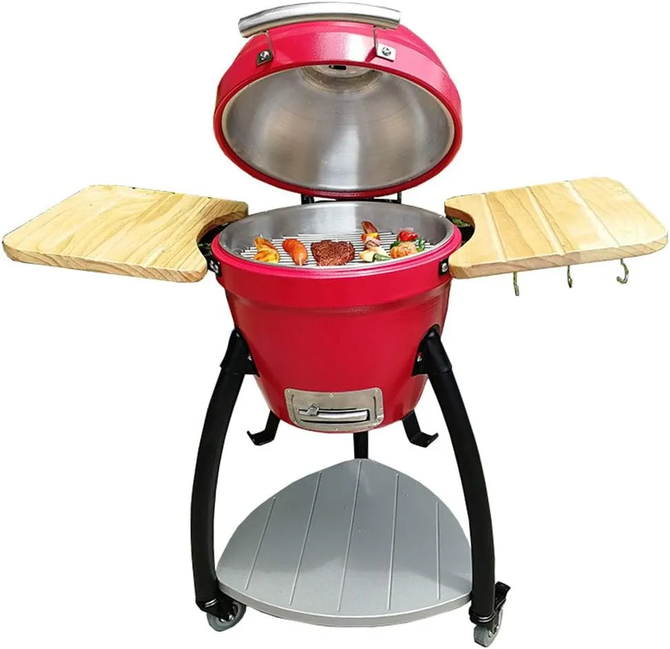 Electric smokeless stainless steel rotisserie grill designed for outdoor cooking use.