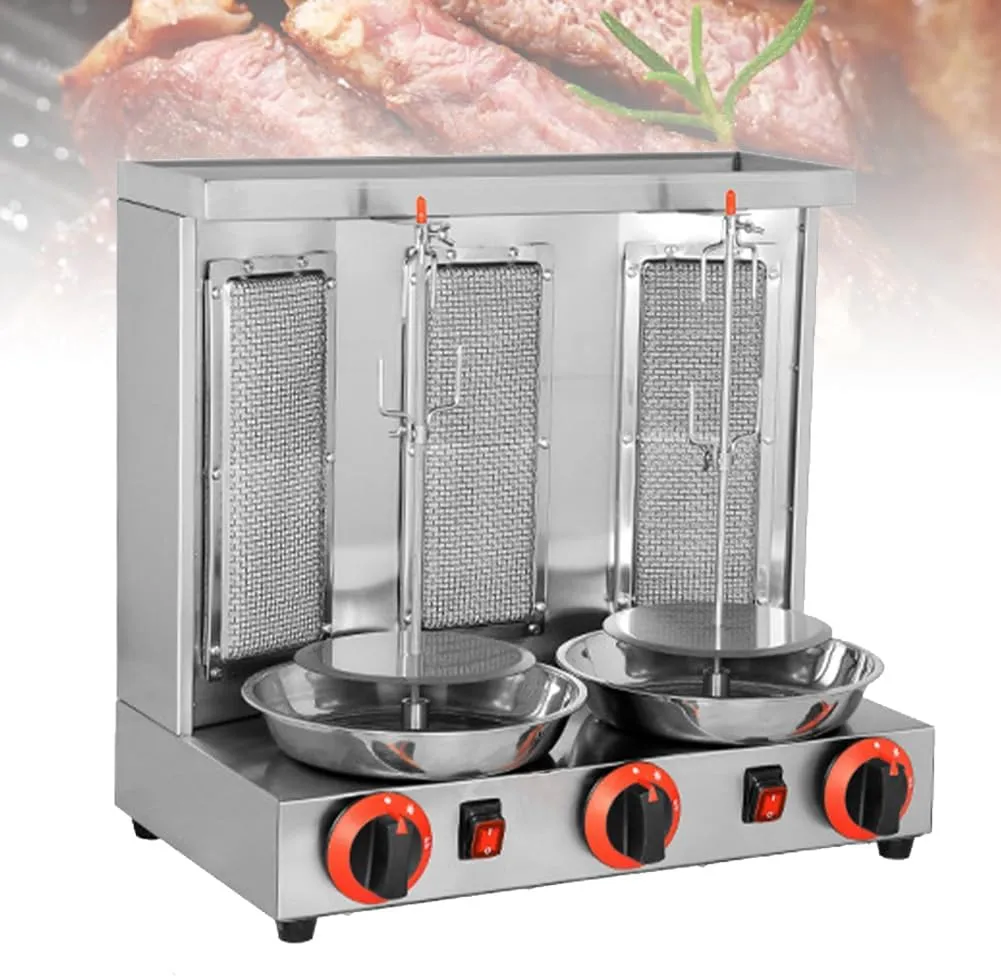 Electric vertical rotisserie with 360-degree automatic rotation made of stainless steel for commercial and home use.