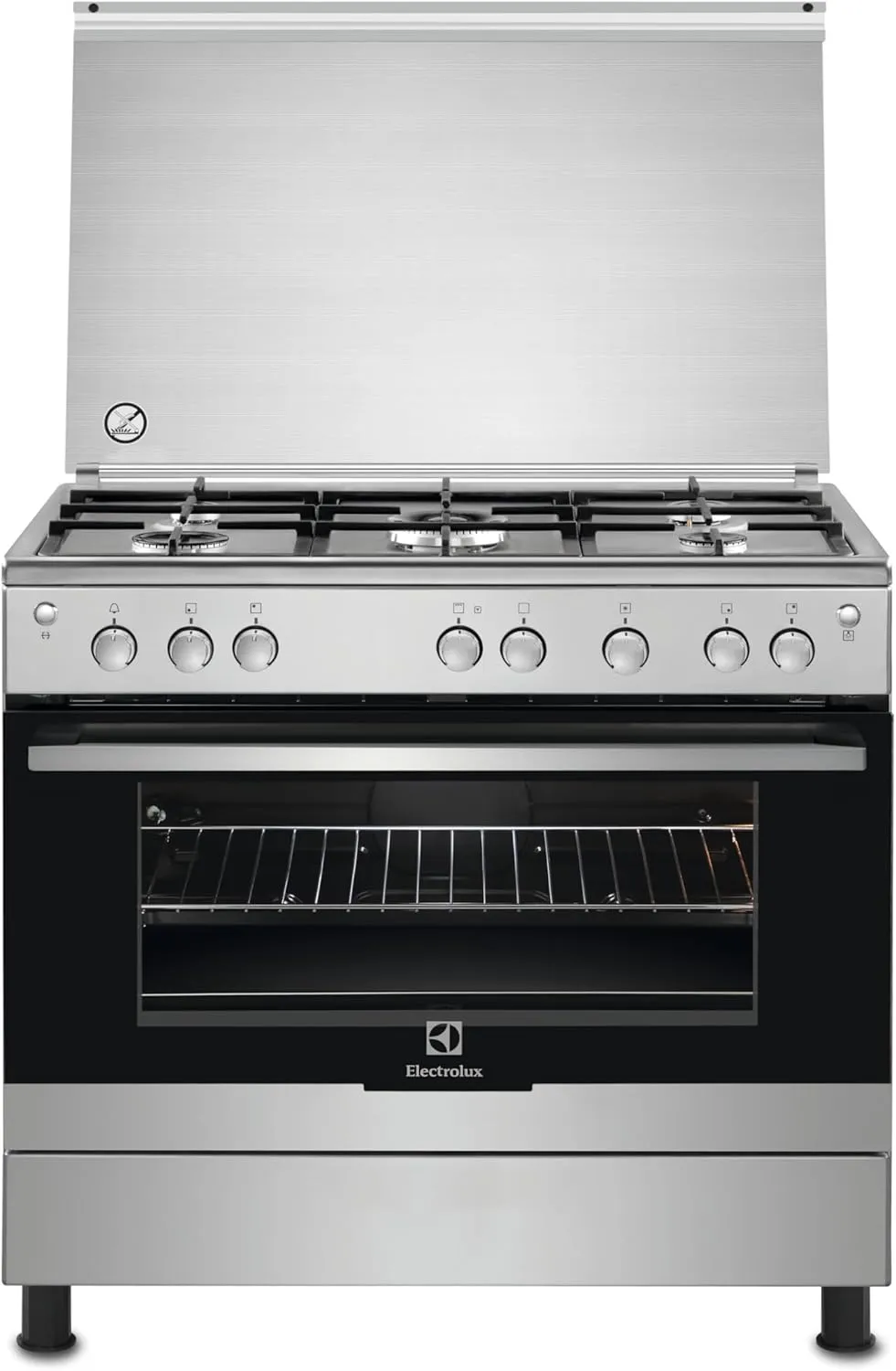 Electrolux 90 cm freestanding gas cooker with dual-oven convection, auto-ignition, and thermocouple safety.