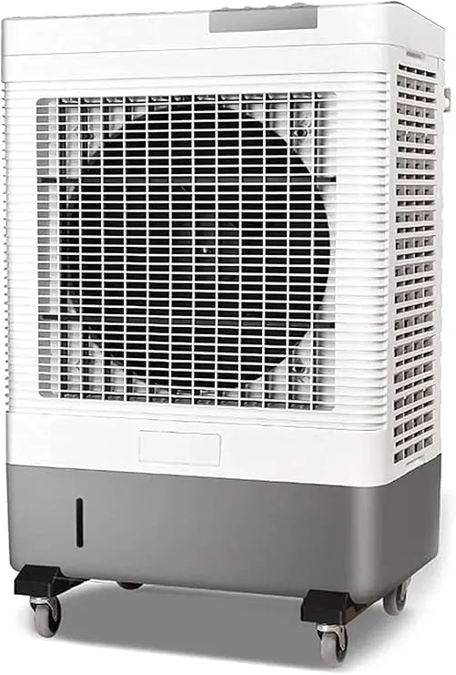 Industrial portable evaporative air cooler with tower fan for commercial and large spaces.