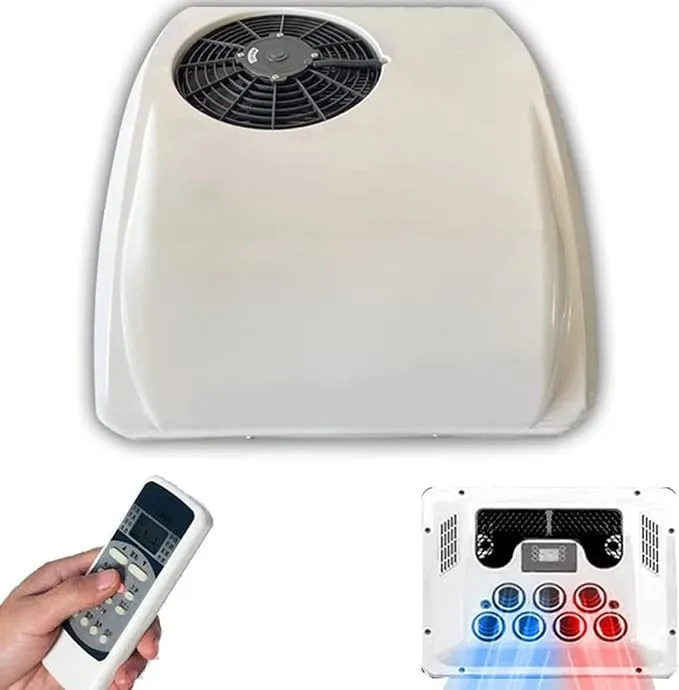 JODAIS 12V DC roof air conditioner with heating and cooling functions installed on a truck, RV, or camper.