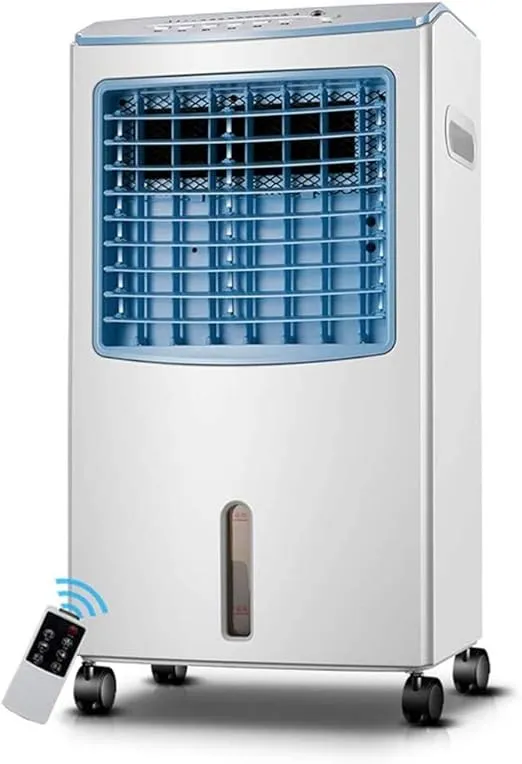 KSZJSD 4-in-1 portable 65W water-cooled air conditioner in blue with remote control.