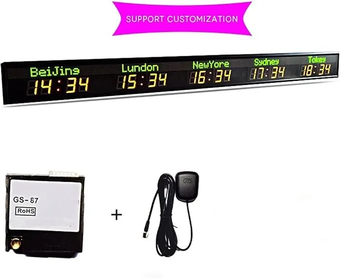 LED world time wall clock with 5-city countdown timer and indoor training display.