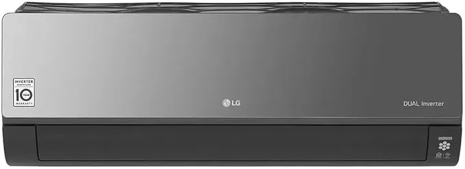 LG 1.5-ton ArtCool inverter air conditioner in black mirror finish, Wi-Fi enabled for smart control.
