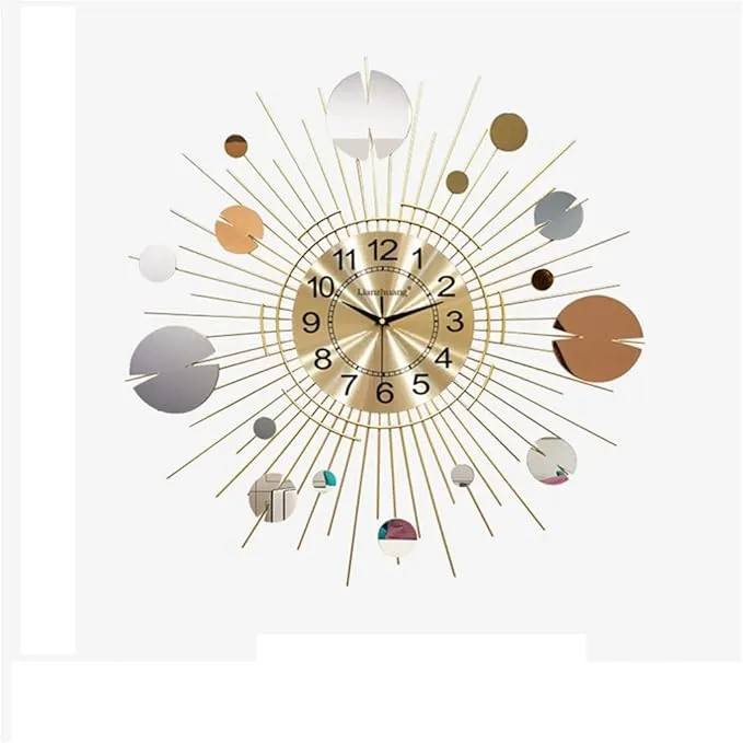 Large 3D metal wall clock with silent quartz movement for living room decor.