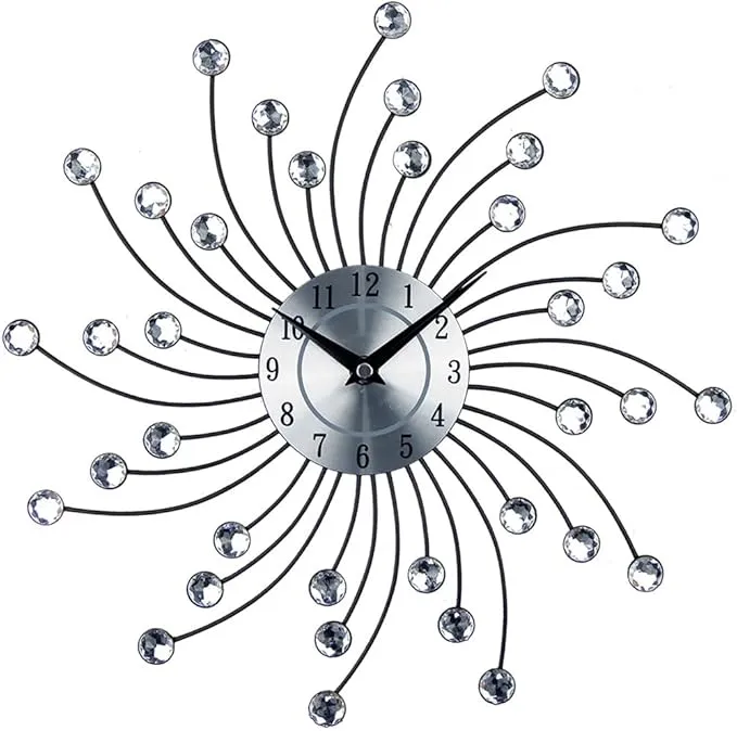 Large silver metal wall clock with modern art deco design for home decor.