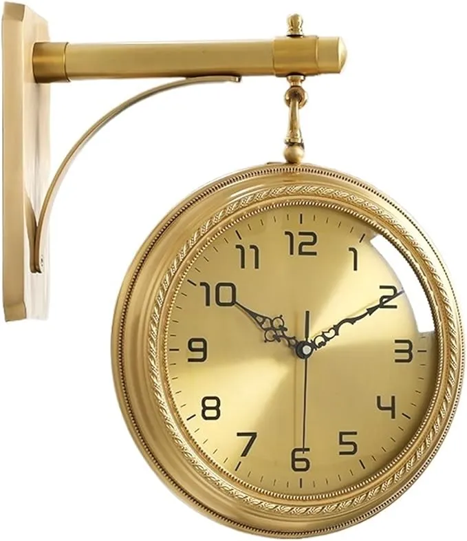 Luxury double-sided gold wall clock made of silent brass and solid wood for living room home decor.