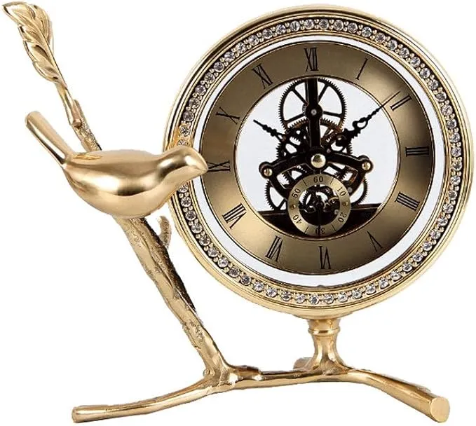 Elegant European-style mantel clock with black Arabic numerals and gold accents.