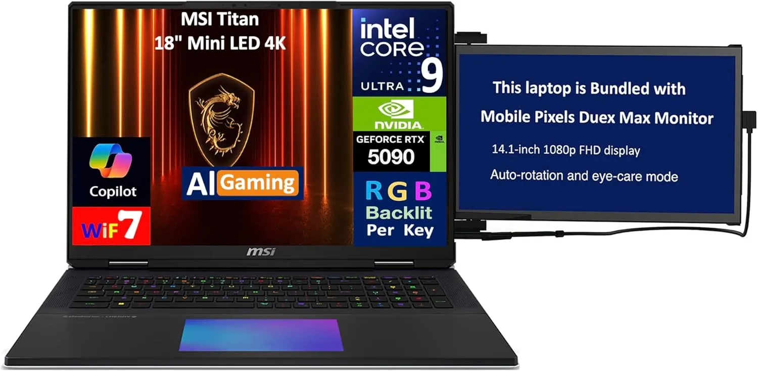 MSI Titan AI 18 gaming laptop with 4K Mini LED display, RTX 5090 GPU, and dual screen setup.
