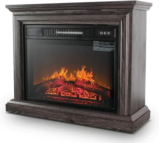 Modern floor-standing electric fireplace heater with LED flame effect and remote control.