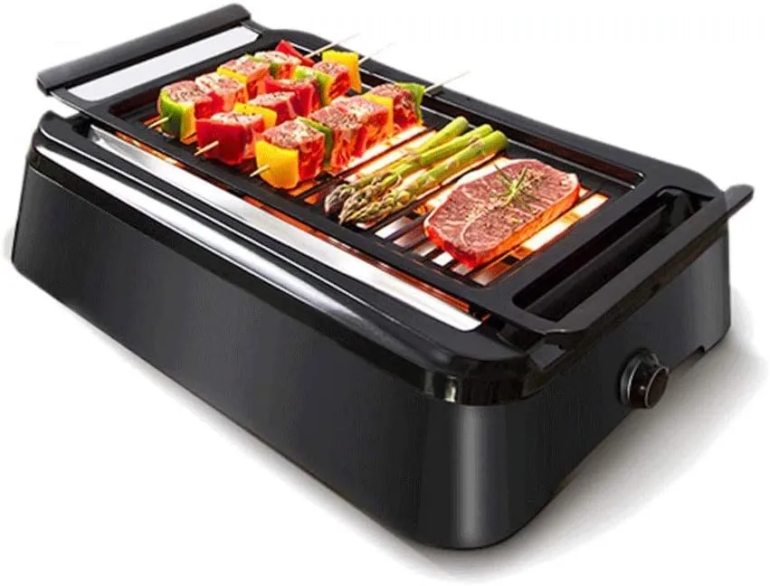 Multifunction smokeless electric indoor barbecue grill with removable non-stick plates.