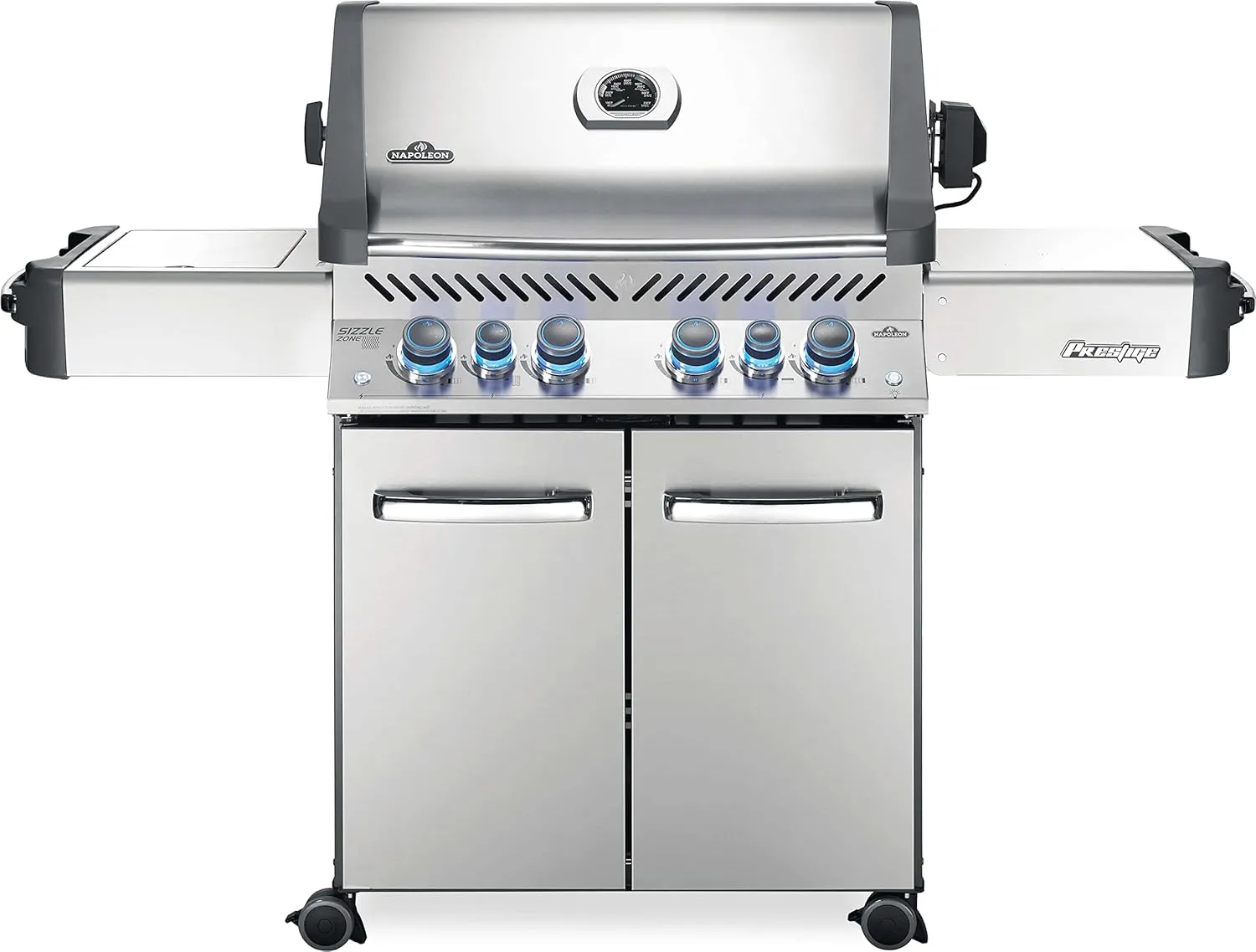 Napoleon Prestige 500 gas grill with infrared rear burner and rotisserie, stainless steel outdoor barbecue unit.