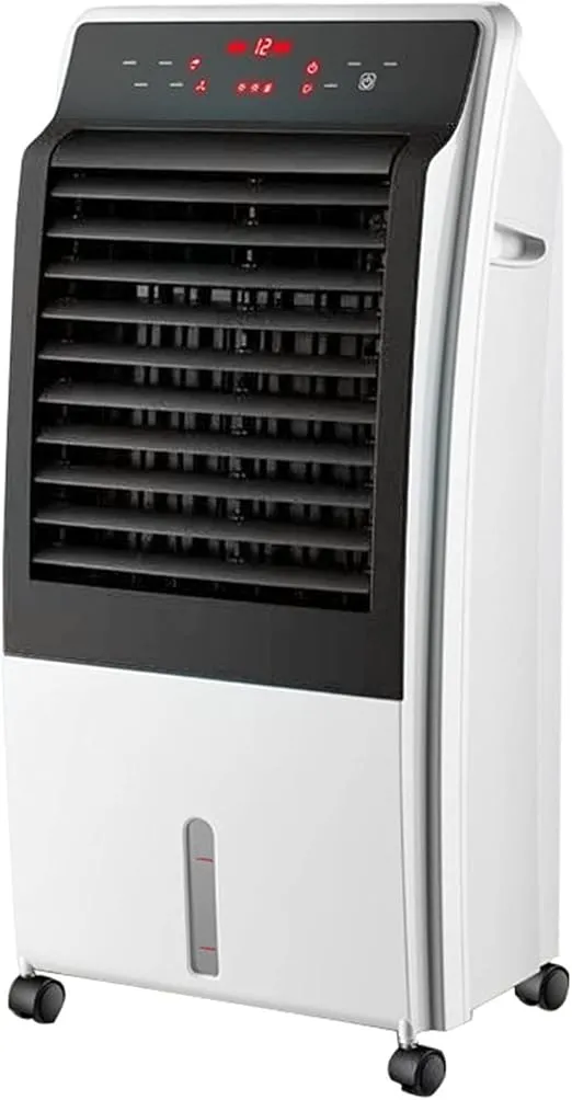 Portable 2-in-1 tower air cooler with 8L water tank, ice box, remote control, timer, and wheels in a living space