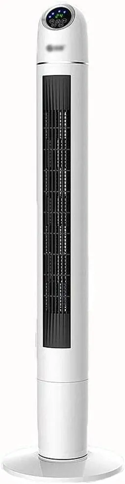Portable 3-speed bladeless tower air cooler with remote control, timer, and silent energy-saving operation in a modern room.