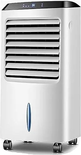 Portable 3-speed evaporative air cooler with remote control, humidifier, and air purifier in a modern room.