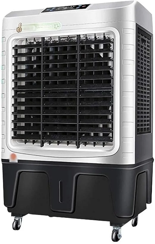 Portable 3-speed mobile air cooler with hose-free design, air purifier, and humidifier in a home setting.