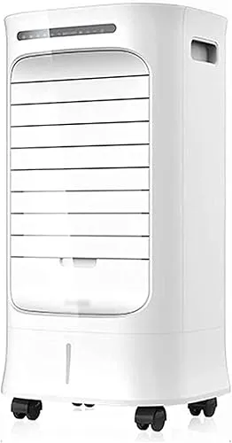 Portable evaporative air cooler with bladeless design, quiet operation, humidifier, and air purifier in a modern room.