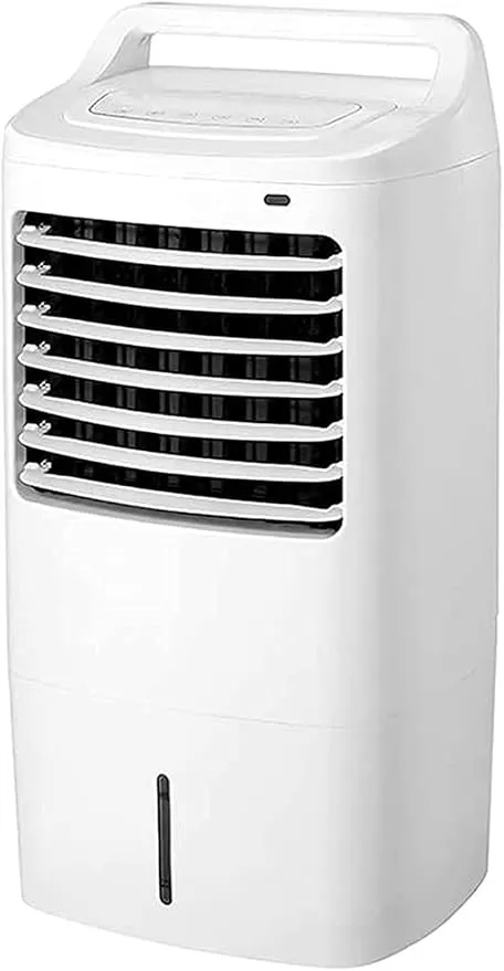 Portable evaporative air cooler with bladeless design and remote control in a modern room