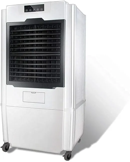 Portable mini air conditioner with hose-free design and silent water cooling fan in a home and office setting.