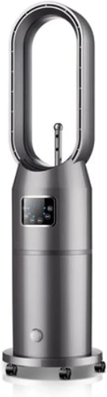 Portable grey oscillating tower fan with 3-speed settings and remote control for home or office use.