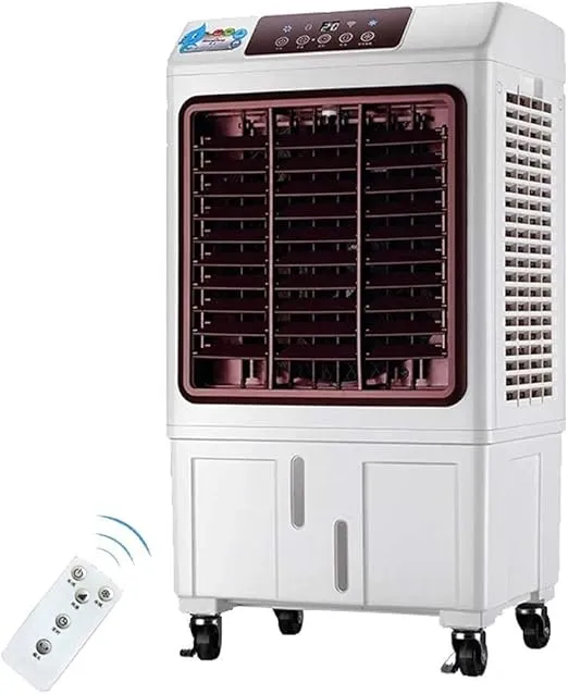Portable water-cooled air cooler with remote control for home and office use.